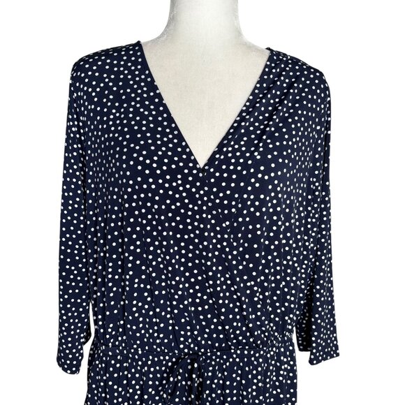 Kalileigh Navy Blue Polka Dot Romper 1X V Neck 3/4 Sleeve Elastic Waist Pockets - Picture 2 of 6